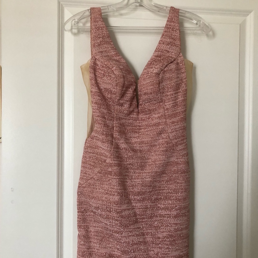 Jovani Pink Shimmer homecoming dress with deep V neckline and mesh side … - Picture 4 of 4
